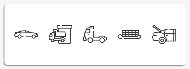car engine outline icons set. thin line icons sheet included car side view, loading/unloading area, pickup truck side view, container ship side view, trunk open vector.