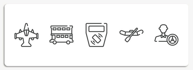 driving school outline icons set. thin line icons sheet included military airplane bottom view, double decker bus, ticket validator, watercraft, instructor vector.