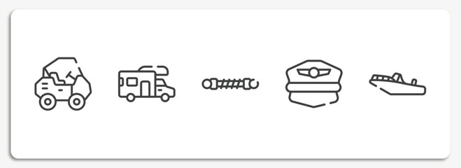 vehicles and transports outline icons set. thin line icons sheet included all terrain, rv, damper, pilot hat, motorboat vector.