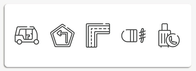 airport outline icons set. thin line icons sheet included null, left turn, broken line, fog lamp, final call vector.