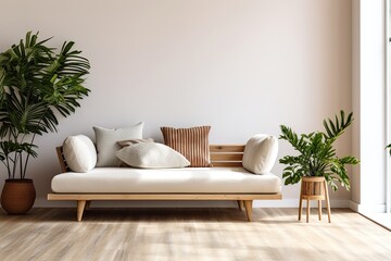 Single Wooden Sofa In Living Room with Wooden Floor and Plant