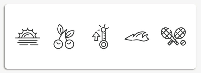 summer outline icons set. thin line icons sheet included sun at sea, cherries, summer temperature, ocean, rackets vector.