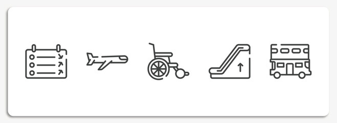 transportation outline icons set. thin line icons sheet included departure, airplane, wheel chair, or up, double decker vector. - obrazy, fototapety, plakaty