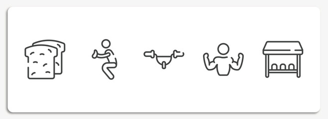 football outline icons set. thin line icons sheet included whole wheat bread, catcher, handlebar, bodybuilder, team bench vector.