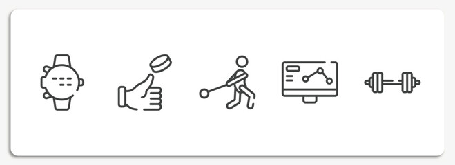gym equipment outline icons set. thin line icons sheet included dive computer, coin toss, hammer throwing, telemetry, barbell vector.
