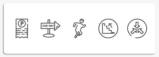 us road signs outline icons set. thin line icons sheet included parking ticket, one way street, running, upstairs, converging vector.