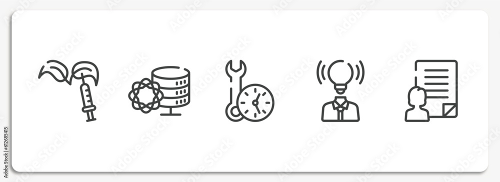 Poster general outline icons set. thin line icons sheet included gmo, data science, build time, brand aware