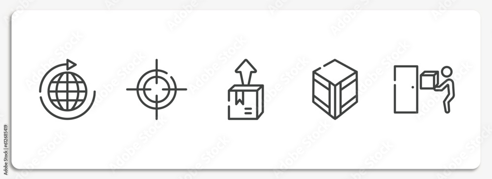 Poster logistic outline icons set. thin line icons sheet included distribution, centre of gravity, delivery