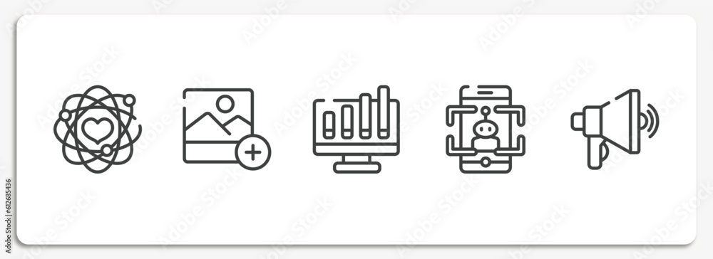 Poster general outline icons set. thin line icons sheet included core values, add photos, ar graph, ar game