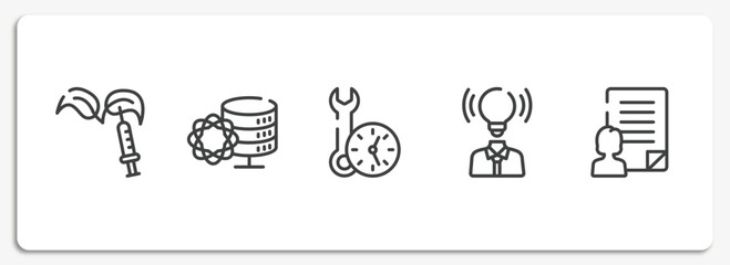 general outline icons set. thin line icons sheet included gmo, data science, build time, brand awareness, agent script vector.