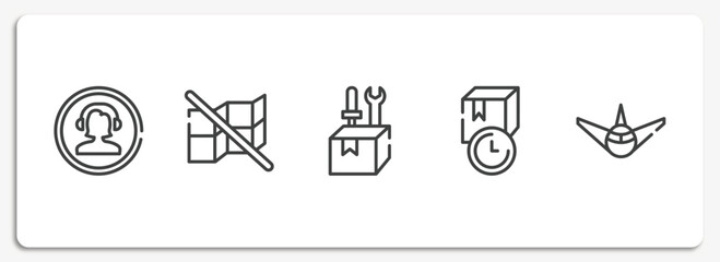 logistics delivery outline icons set. thin line icons sheet included phone assistance, do not stack, construction and tools, receiving time, air transport vector.