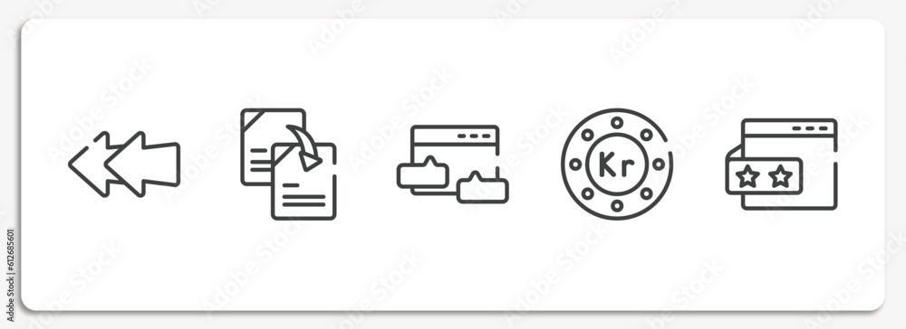 Poster marketing and seo outline icons set. thin line icons sheet included two left arrows, duplicate conte