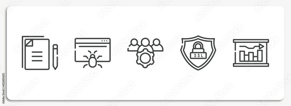 Poster project management outline icons set. thin line icons sheet included copywriting, web crawler, team 
