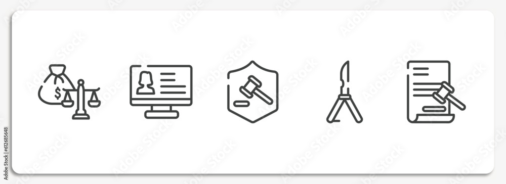Poster law and justice outline icons set. thin line icons sheet included inheritance law, criminal database