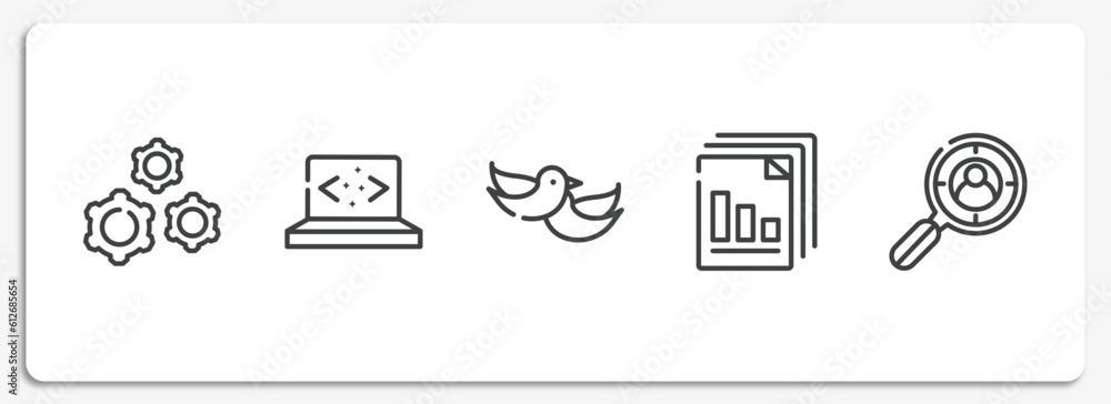 Poster analytics outline icons set. thin line icons sheet included wheel with cogs, clean code, love bird, 