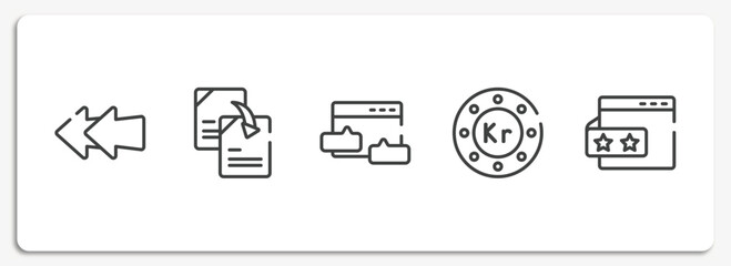 marketing and seo outline icons set. thin line icons sheet included two left arrows, duplicate content, blog commenting, null, rating stars vector.
