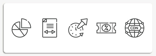 seo and marketing outline icons set. thin line icons sheet included diagrams, gap, time out, discount voucher, cdn vector.