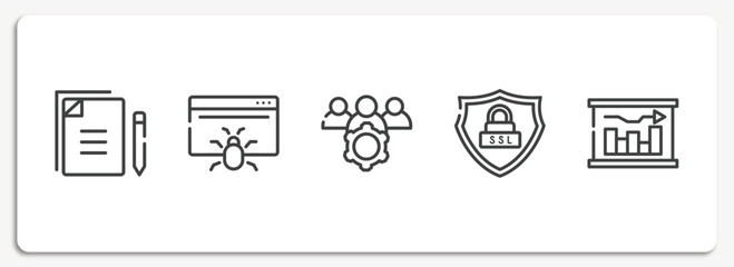 project management outline icons set. thin line icons sheet included copywriting, web crawler, team management, ssl, graphical report vector.