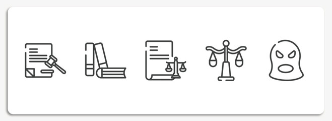 law and justice outline icons set. thin line icons sheet included legal paper, practise areas, corporative law, justice scale, balaclava vector.