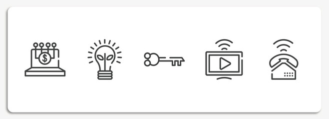 marketing outline icons set. thin line icons sheet included digital finance, ecological lightbulb, old key in diagonal, live streaming, ringing vector.