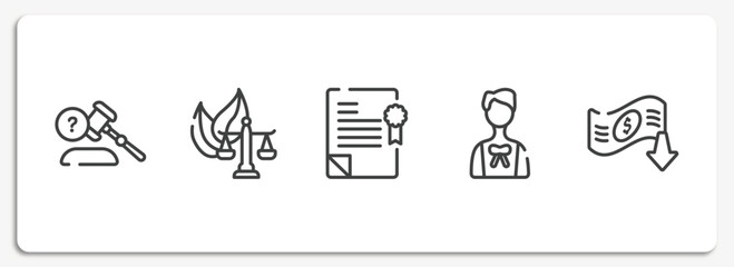 law and justice outline icons set. thin line icons sheet included ask a lawyer, environmental law, policy, advocate, bankruptcy vector.