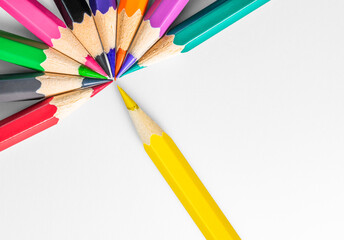 Creative composition of pencil with pencils in the form of a flower on white background.