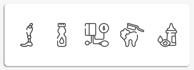 opthalmology outline icons set. thin line icons sheet included prothesis, talcum powder, tonometer, brushing teeth, eye drop vector.