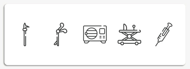 medical instruments outline icons set. thin line icons sheet included pike pole, medical clamp, sterilization, baby walker, syringe needle vector.