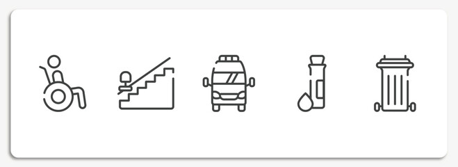 health outline icons set. thin line icons sheet included wheelchair accesibility, null, frontal ambulance, test tube and drop, recycle bin container vector.