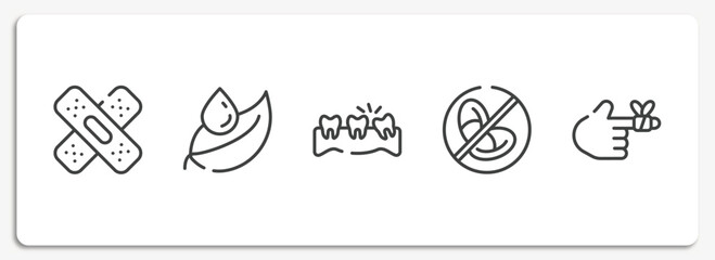 health outline icons set. thin line icons sheet included null, leaf and drop, misaligned, prohibition, bandaged hurt finger vector.