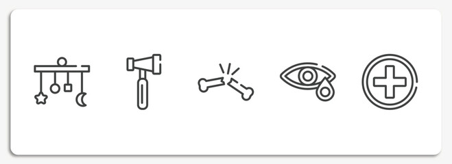 hospital outline icons set. thin line icons sheet included crib mobile, reflex hammer, broken bone, conjunctivitis, red cross vector.