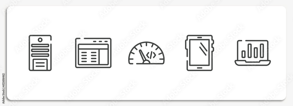 Poster responsive web outline icons set. thin line icons sheet included system unit, web interface, code ra