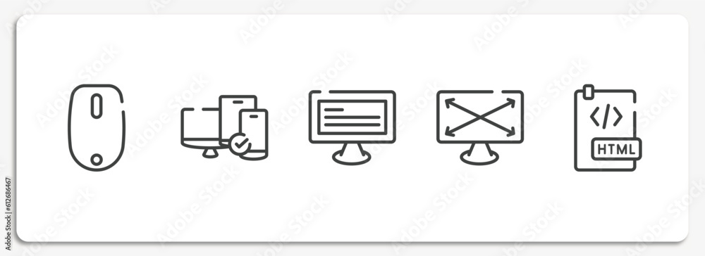 Poster programming line craft outline icons set. thin line icons sheet included magic mouse, tablet smartph