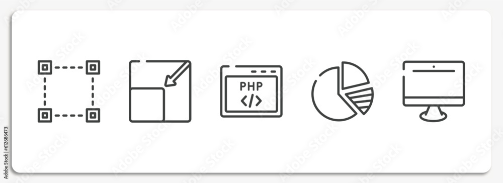 Poster responsive web outline icons set. thin line icons sheet included selection square, resize page, php 