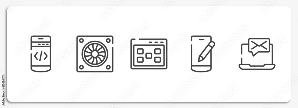 Poster responsive web outline icons set. thin line icons sheet included mobile programming, computer fan, u