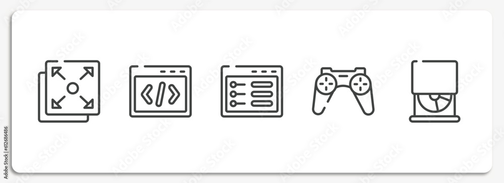 Aufkleber computer and hardware outline icons set. thin line icons sheet included full screen, css code, ui de