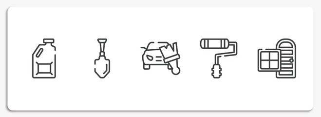 do it yourself outline icons set. thin line icons sheet included jerrycan, gardening palette, car painting, painter roller, door and window vector.