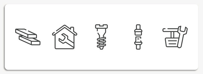 car repair outline icons set. thin line icons sheet included firewood trunks stacked, house, garage screw, seat belt, pedals vector.