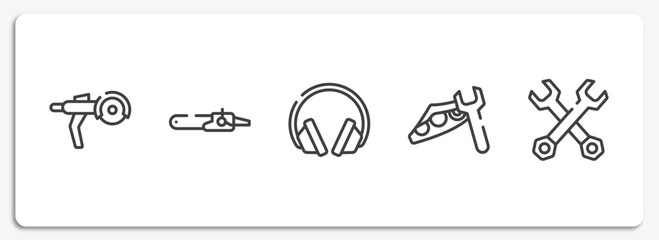 do it yourself outline icons set. thin line icons sheet included grinder, sharp chainsaw, ear protection, headlight, double wrench vector.