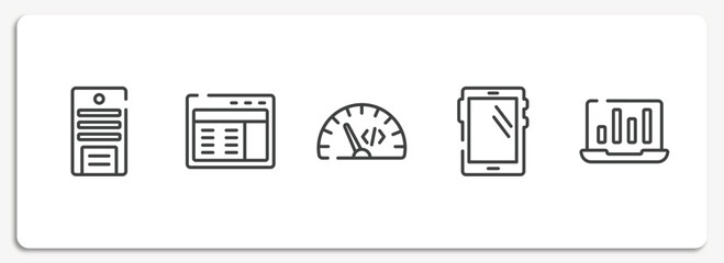 responsive web outline icons set. thin line icons sheet included system unit, web interface, code rate, big tablet, stats on a screen vector.