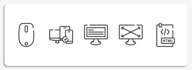 programming line craft outline icons set. thin line icons sheet included magic mouse, tablet smartphone computer checked, monitor with text, expand screen, html document vector.