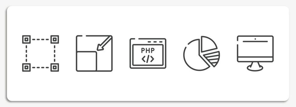responsive web outline icons set. thin line icons sheet included selection square, resize page, php code, pie charts, pc equipment vector.