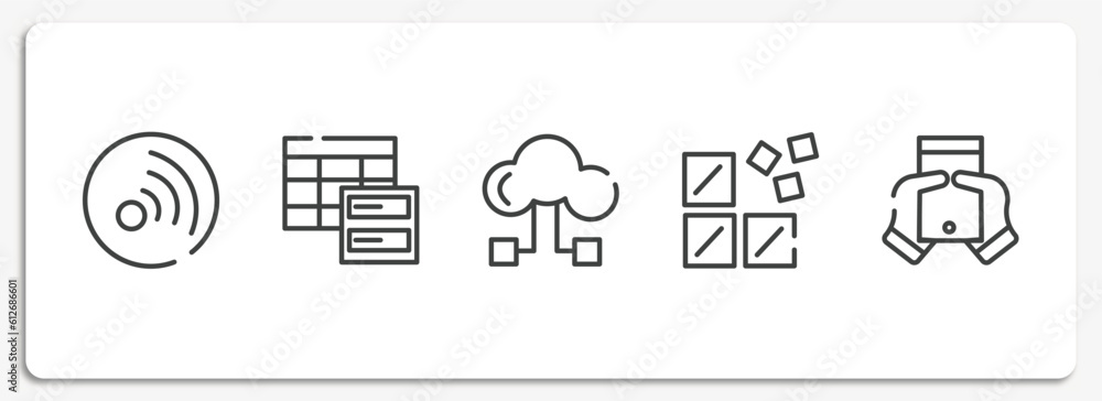 Poster computer and media outline icons set. thin line icons sheet included rss updates subscription, data 