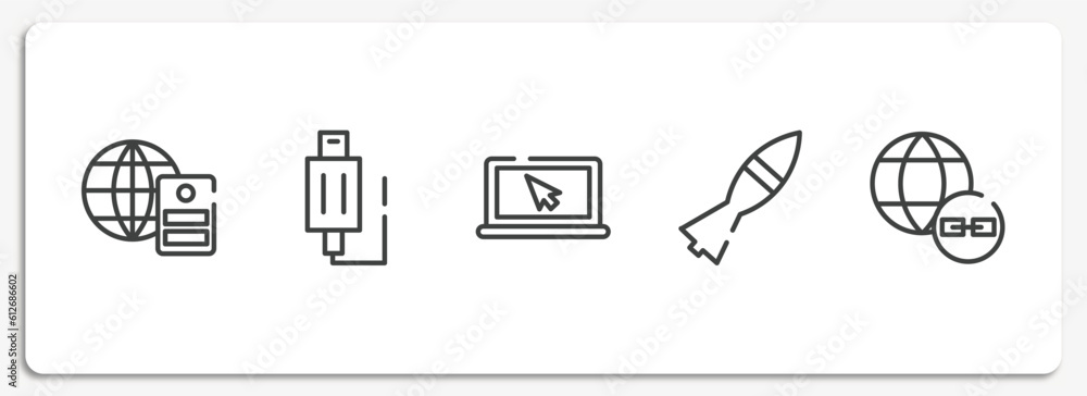 Poster computer and media outline icons set. thin line icons sheet included server with the earth, usb plug