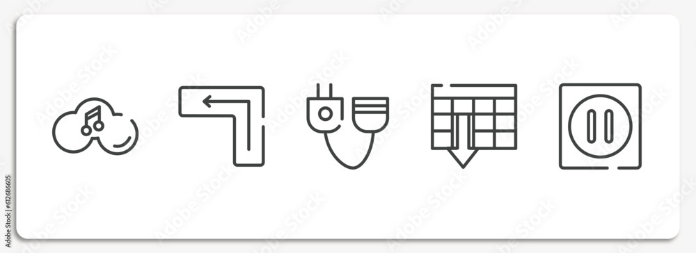 Poster computer and media outline icons set. thin line icons sheet included music on cloud, keyboard key en
