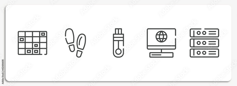 Poster computer and media outline icons set. thin line icons sheet included spreadsheet cell row, footsteps