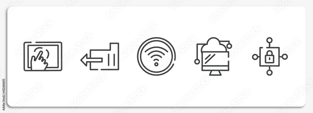 Poster cloud computing outline icons set. thin line icons sheet included cellphone in a hand, export folder