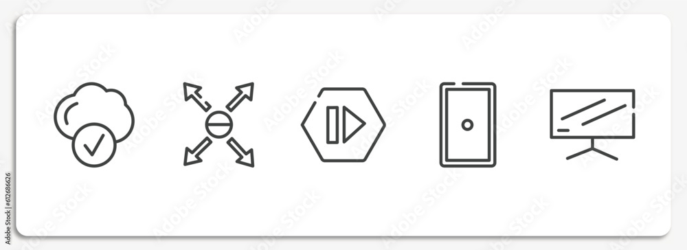 Poster computer and media outline icons set. thin line icons sheet included connected clouds, responsive, f