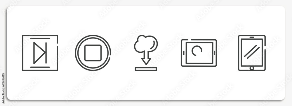 Poster modern screen outline icons set. thin line icons sheet included media end, media stop button, intern