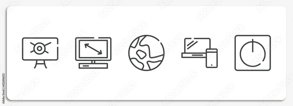 Poster computer and media outline icons set. thin line icons sheet included computer virus, all screens siz
